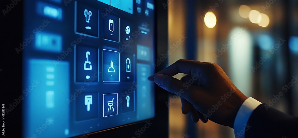 Poster A hand interacts with a touchscreen interface displaying various icons for smart home control.