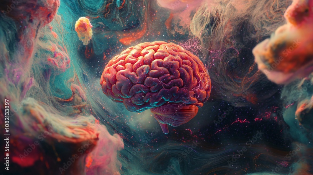 Poster a human brain is surrounded by swirling vibrant colors, suggesting the complex and dynamic nature of