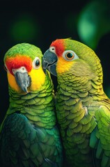 Obraz premium Two Colorful Parrots Nestled Together Amidst Lush Green Foliage, Showcasing Their Vibrant Feathers and Playful Interaction in Nature