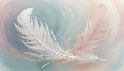 A dreamy, ethereal scene featuring a delicate, pastel-colored feather suspended in a swirling vortex of soft, feathery textures and gentle hues, set against a serene, abstract background of muted past