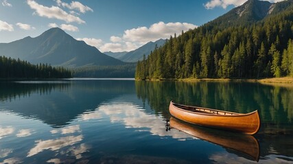 The wooden canoe boat is parked next to a lake with calm water and the reflection of the boat with beautiful landscape views such as mountains and pine forests
