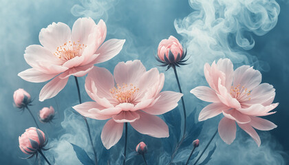 Floral background with pastel pink flowers in blue smoke. Digital art for poster, flyer and banner design. Soft textures and bright colors.