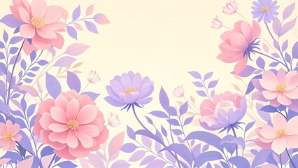 Pastel pink and purple flowers and leaves on a light yellow background.