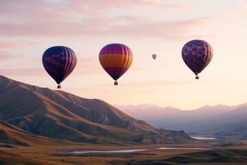 Obraz premium Hot air balloon voyage mountain landscape aerial photography sunrise view adventure concept
