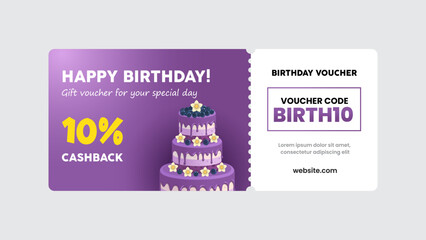 Birthday gift voucher card design. 10% cashback coupon promotion with birthday cake artwork background vector illustration.