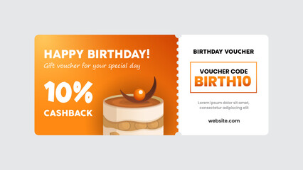 Birthday gift voucher card design. 10% cashback coupon promotion with birthday cake artwork background vector illustration.