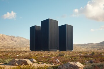Modern architectural structures desert landscape digital artwork remote setting wide angle futuristic design