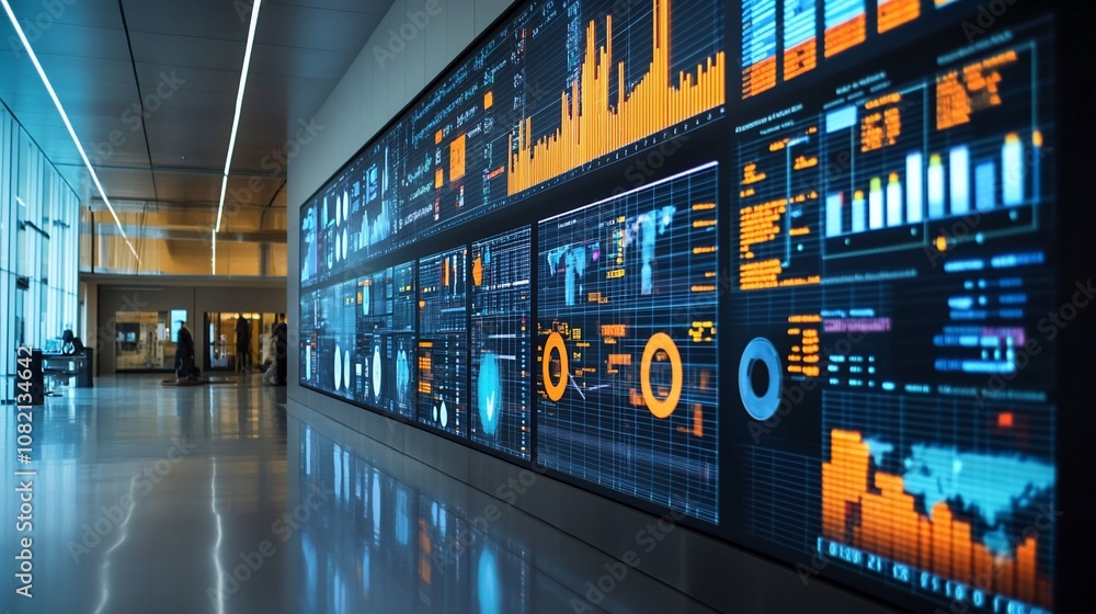 Poster a large wall of digital screens displaying various data visualizations in a modern office hallway.