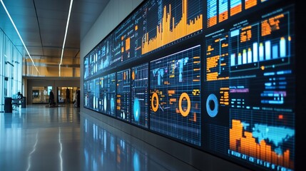 A large wall of digital screens displaying various data visualizations in a modern office hallway.