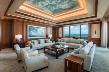 Luxurious living room design coastal view interior decor modern environment wide angle elegance concept