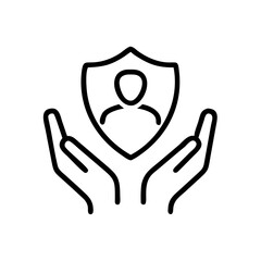Safe space icon featuring hands holding a shield with a person symbol representing protection and support

