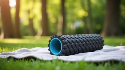 Fototapeta premium Foam roller for back pain. A textured foam roller lies on a white towel in a sunny park, surrounded by lush green trees and grass, bathed in warm light.