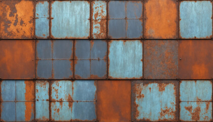 Processed collage of old rusty metal sheet texture in daylight. Background for banner, backdrop or texture for 3D mapping