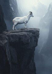 Majestic Mountain Goat Standing on Cliff Edge Amidst Misty Mountains, Highlighting Nature's Beauty and Wild Animal Resilience in Serene Environment