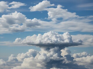 A vibrant blue sky with large, fluffy white clouds, some looking like a cumulus cloud formation