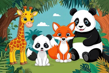 Fototapeta premium Charming Cartoon Baby Giraffe Fox and Panda Characters in Enchanting Jungle Wildlife Art