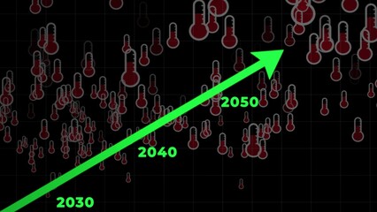 Graphical representation of a rising temperature timeline over the next decades, highlighting the effects of climate change and global warming