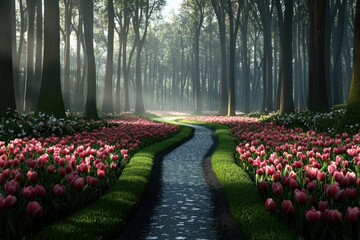 Winding path through tulip field enchanted forest nature scene serene environment captivating perspective tranquility concept