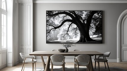 A dining room with a black and white print of a large tree above a wooden table with chairs.