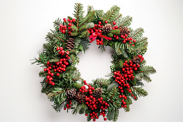 A wreath with red berries and a festive ribbon, displayed on a clean white backdrop.