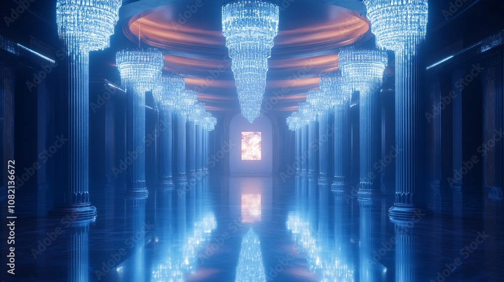 Poster a long hallway with columns and a crystal chandelier. the hallway is lit with blue light.