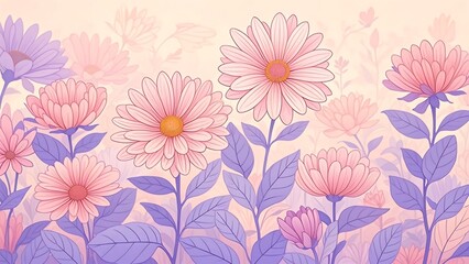 Pink and purple flowers with soft pastel background.