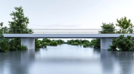 A modern bridge over a serene, reflective waterway surrounded by greenery.