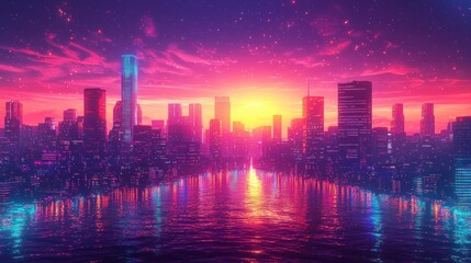 Fototapeta premium Vibrant Cityscape with Futuristic Skyscrapers Against a Stunning Sunset and Reflected Lights on Water Surface in a Dazzling Urban Landscape