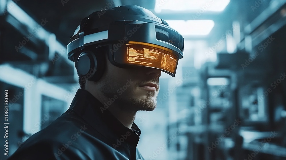 Poster a man wearing a futuristic headset in a factory setting, looking ahead with a serious expression.