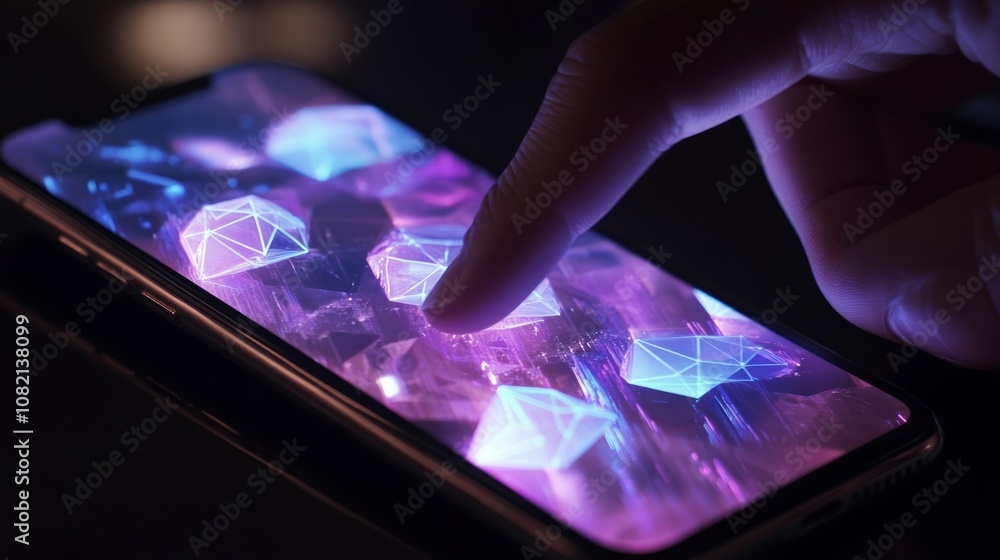Poster close-up of a finger interacting with a smartphone screen displaying a futuristic, abstract design.