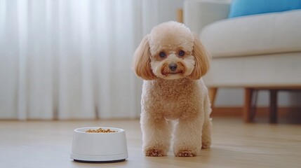 A fluffy brown poodle stands proudly beside its food bowl in a cozy living room filled with sunlight