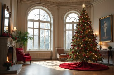 Christmas tree with presents under it, in a large spacious bright room in the Empire style