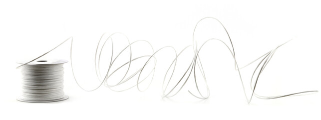 White paper covered craft wire isolated on white background. Abstract line of paper string with...