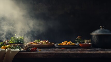 Traditional indian dishes displayed on dark rustic background with copy space. indian food. Ultra realistic. Photorealistic hypermaximalist advertising photography hyper realistic fine detail