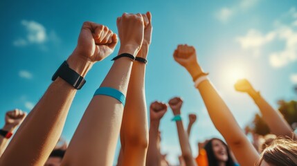 Crowd of people with raised fists in the air during a concert, festival, or protest.