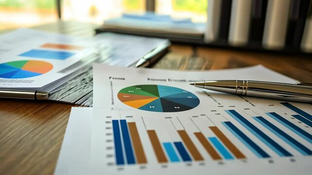 A pen rests on a sheet of paper with a colorful pie chart and bar graphs, likely representing business data or financial analysis