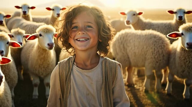 Young Jesus Christ peacefully grazing sheep on a quiet pasture, innocence, divine love, and spiritual growth in a serene countryside, with emphasis on biblical teachings and historical context.