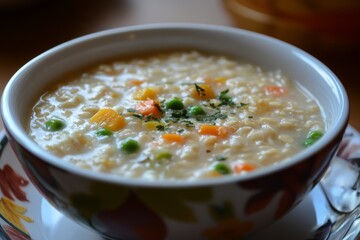 Warm and hearty home cooked vegetables oat porridge served in a colorful bowl during a cozy meal
