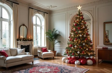 Christmas tree, in a large spacious bright room Empire style