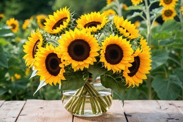 Bright Yellow Sunflower Bouquet on Colorful Nature Background