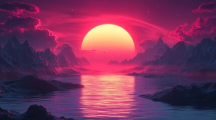 Majestic Sunset Over Tranquil Waters and Mountainous Horizons, Evoking a Dreamlike Atmosphere in Shades of Pink and Purple with Reflections on the Calm Surface
