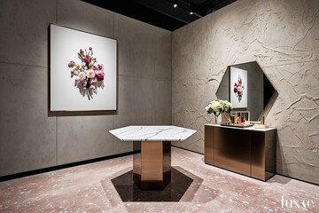 Modern Hexagonal Marble Table Against Textured Plaster Wall with Floral Silhouette and Luxurious Beauty Display Background