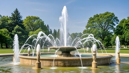 A large, ornate fountain is the centerpiece of a park scene
