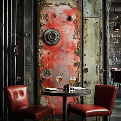 Industrial Chic Interior Design with Red Leather Chairs and Rusty Wall.