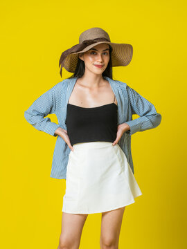Classy Western Woman in White Skirt and Black Tank Top for Creative Mockup