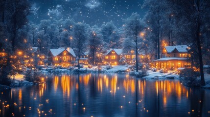 Serene winter night with cozy homes by a tranquil lake.