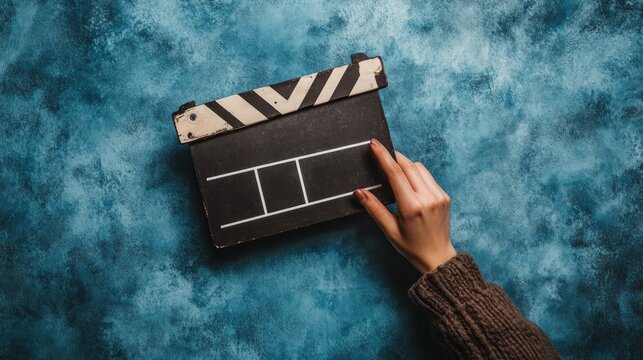 Hand holding a clapperboard on a blue background.
