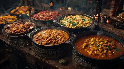 Variety of cooked curries on display at camden market in london. indian food. Ultra realistic. Photorealistic hypermaximalist advertising photography hyper realistic fine detail