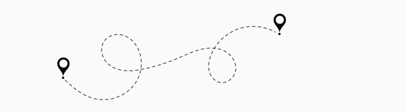 Dot line path route travel banner illustration with location map pin icon.  Route location icon two pin sign and dotted line. 7