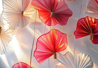 Colorful Chinese New Year background, featuring paper fans and lanterns, with the words "HAPPY CHINESE NEW YEAR" in gold foil on a white space, generative ai